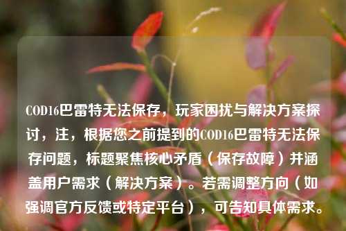 COD16巴雷特无法保存,玩家困扰与解决方案探讨,注,根据您之前提到的COD16巴雷特无法保存问题,标题聚焦核心矛盾(保存故障)并涵盖用户需求(解决方案)。若需调整方向(如强调官方反馈或特定平台),可告知具体需求。
